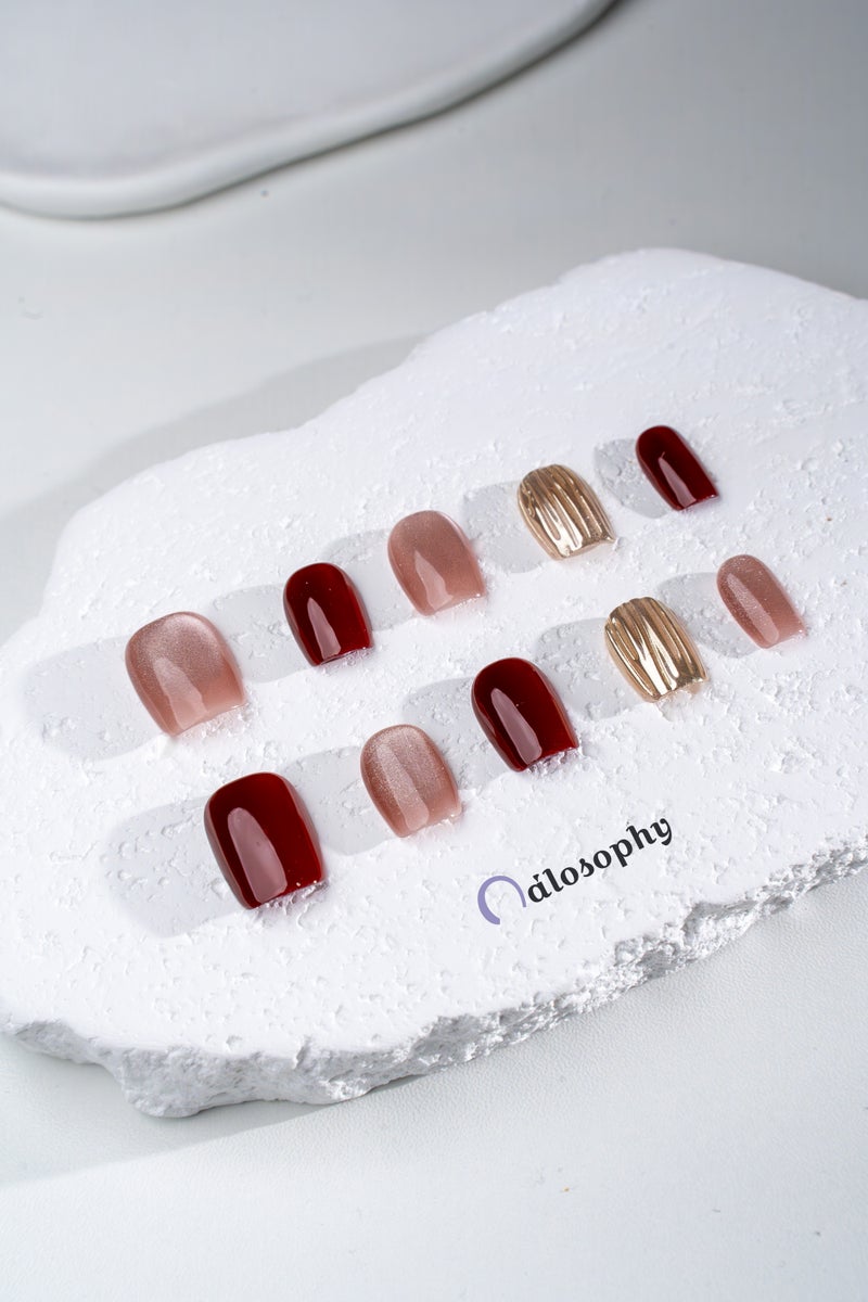 Nailosophy Handmade Luxury Press-on Nails Burgundy Red & Champagne Ripple | Square Shape - Image 1